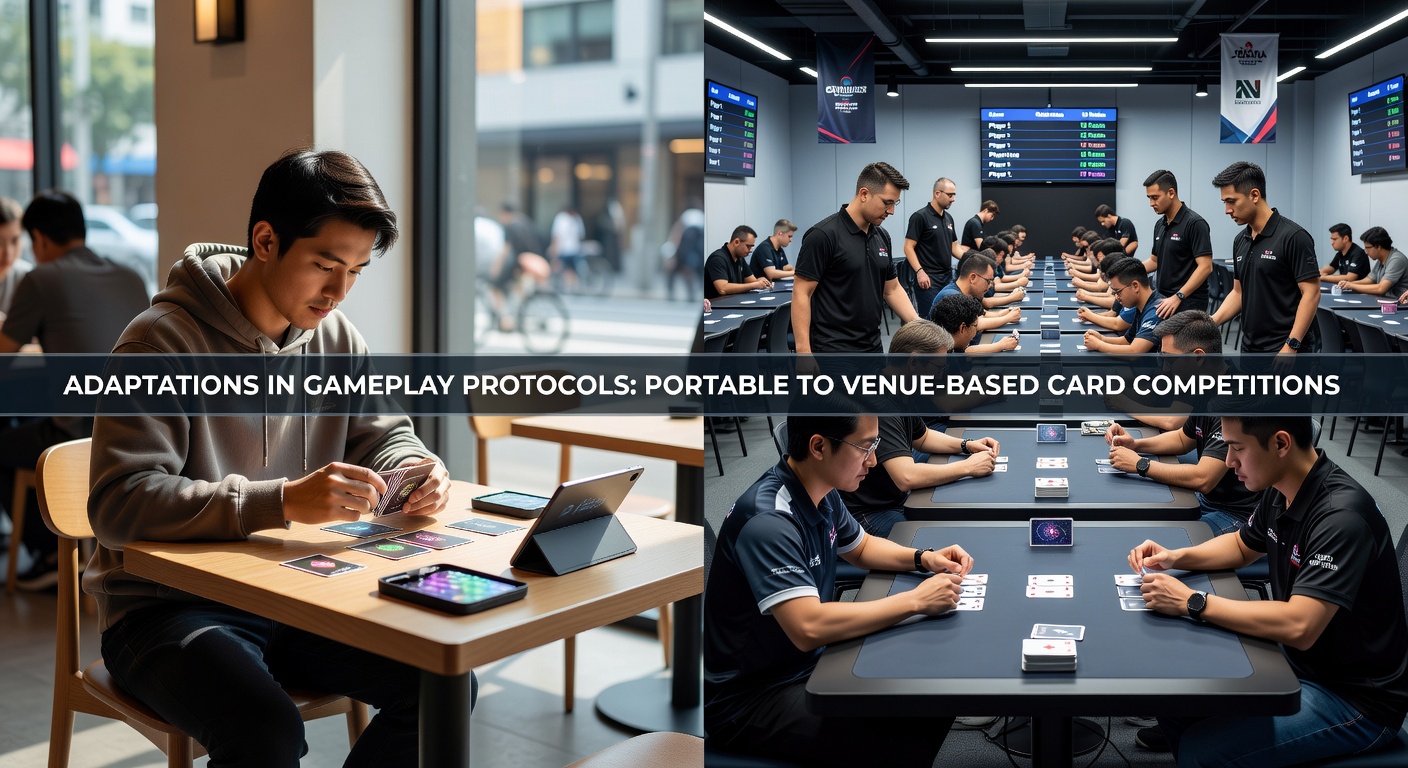 Transition between portable devices and venue tables highlighting adapted gameplay rules in card competitions