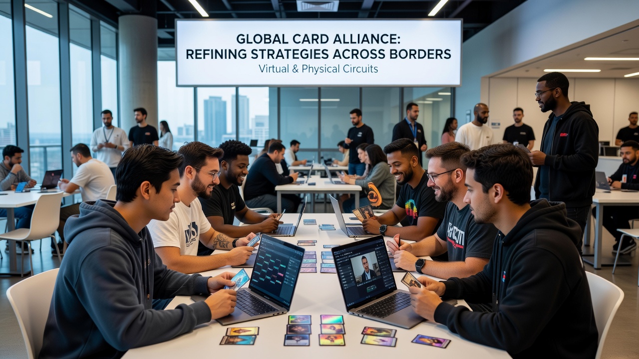 Card game players from multiple countries gathered around tournament tables discussing strategies