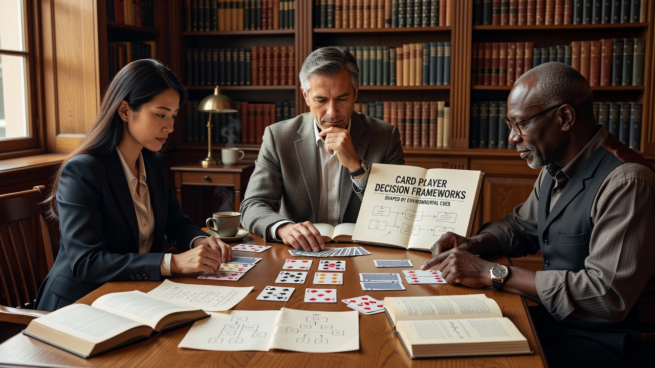 Live card room environment with players seated around a felt table under ambient lighting and subtle background activity
