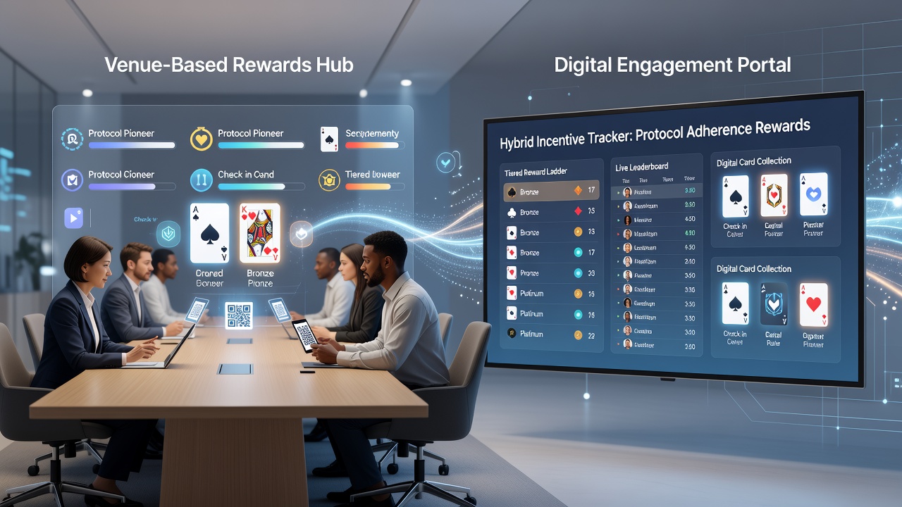 Participants engaging in a hybrid poker event with visible digital reward dashboards and venue monitoring equipment