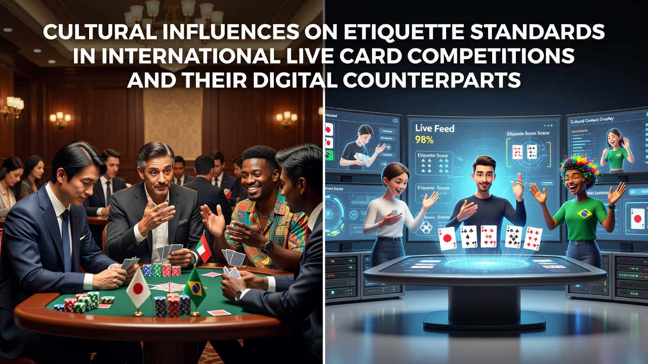 Diverse group of international players at a live card tournament table showcasing varied cultural greetings and seating customs