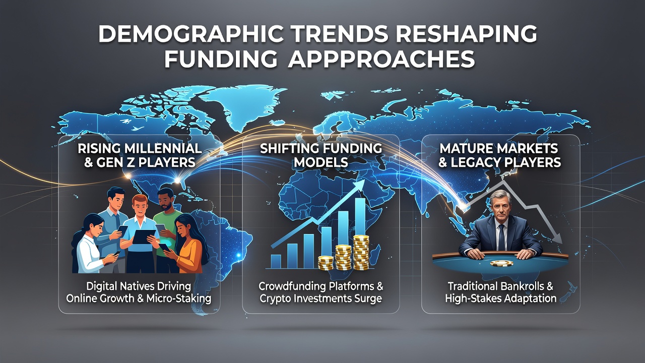 Diverse group of poker players at an international tournament discussing sponsorship deals and funding options