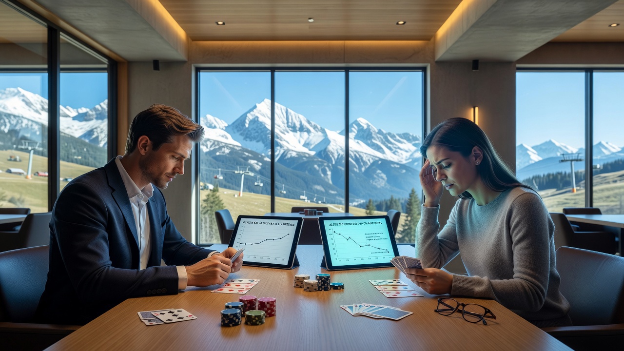 Mountain resort card venue at high altitude with players engaged in extended sessions
