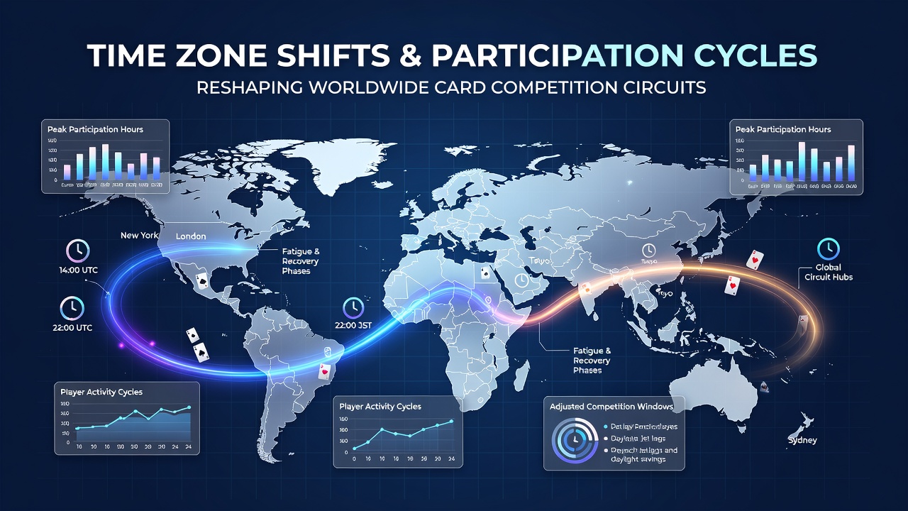 Global map showing time zone overlays on major poker tournament hubs and participation heat maps