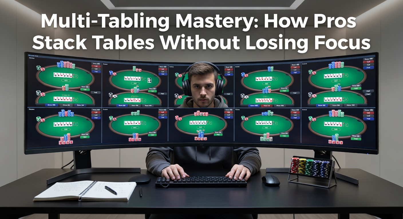 Professional poker player surrounded by multiple monitors displaying stacked online poker tables, showcasing intense multi-tabling setup