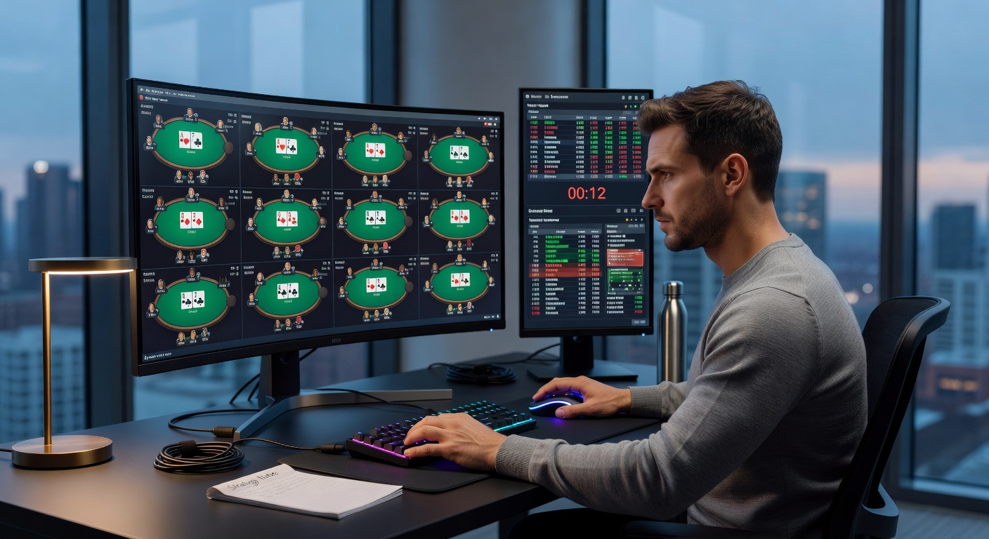 Close-up of poker HUD software on a multi-monitor setup, displaying player statistics, pot odds, and equity calculations across several tables