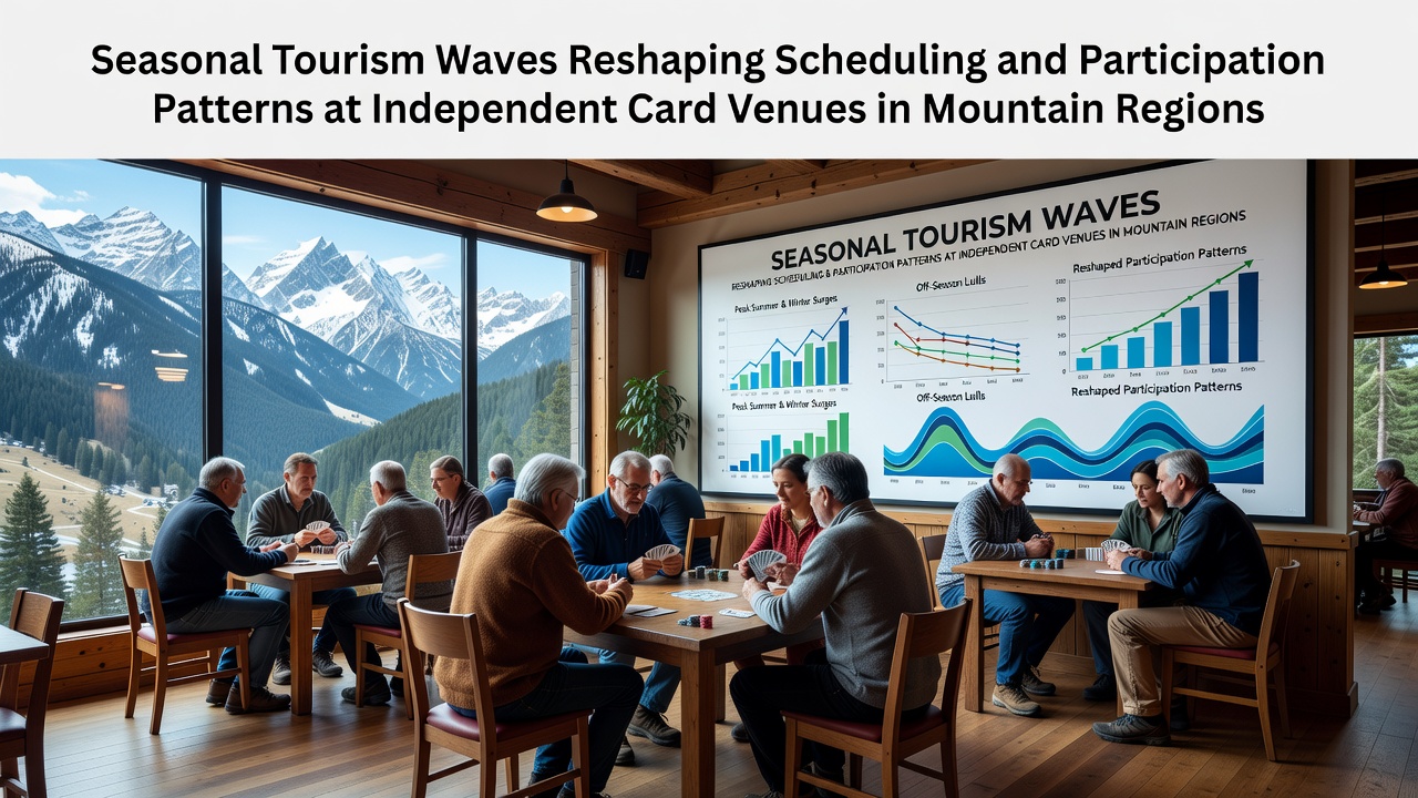 Independent card venue nestled in snowy mountain landscape with tourists arriving for winter season activities