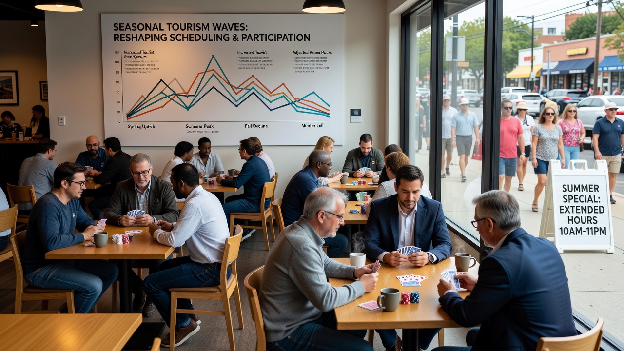 Busy card tables inside a mountain venue during summer tourist influx with mixed local and visitor players