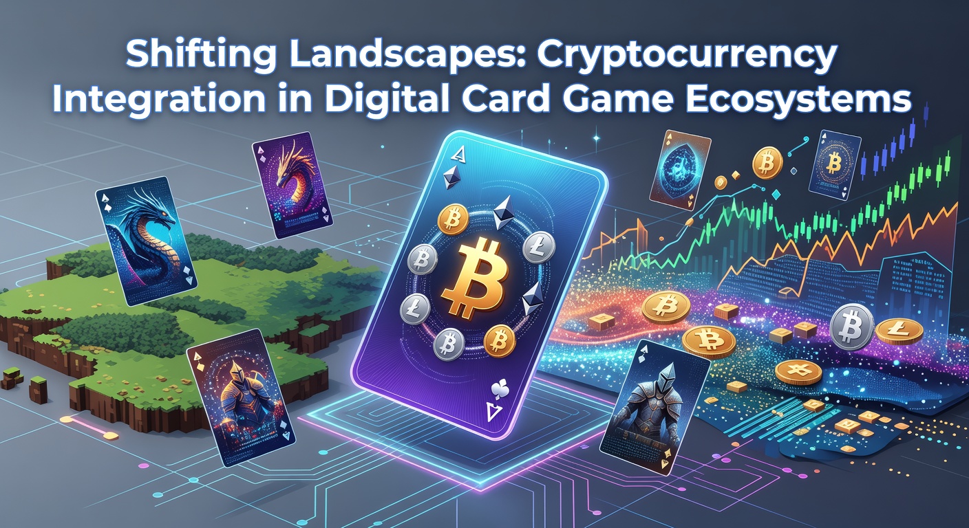Visual representation of cryptocurrency integration in digital card game platforms with blockchain elements overlaying card interfaces